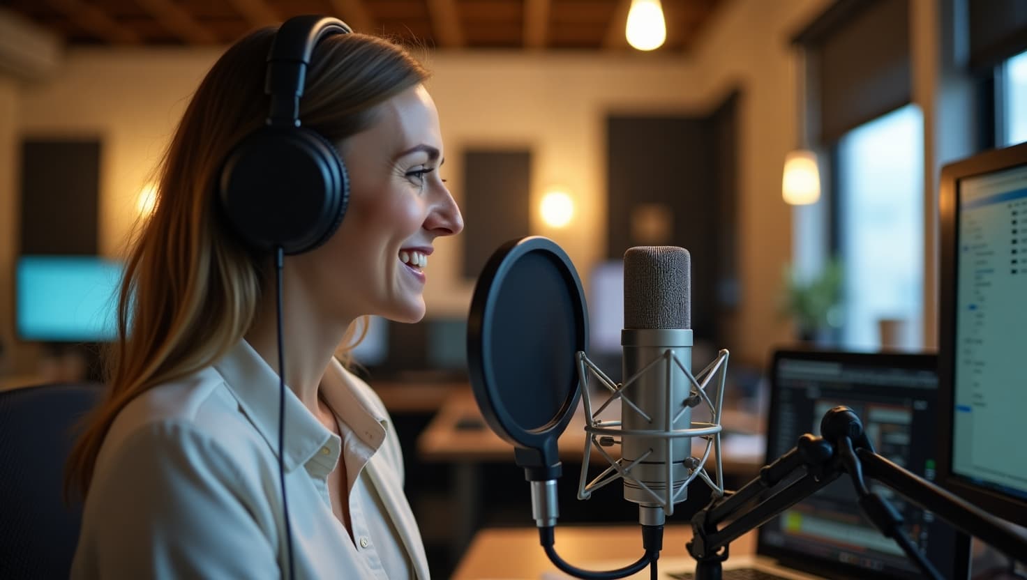 Podcaster recording in studio with microphone and headphones