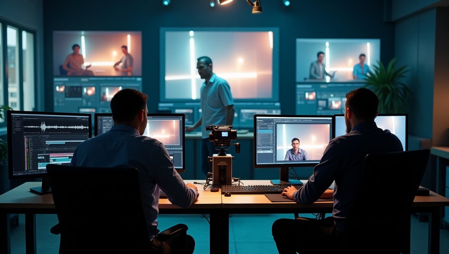 Film production team reviewing content in editing suite