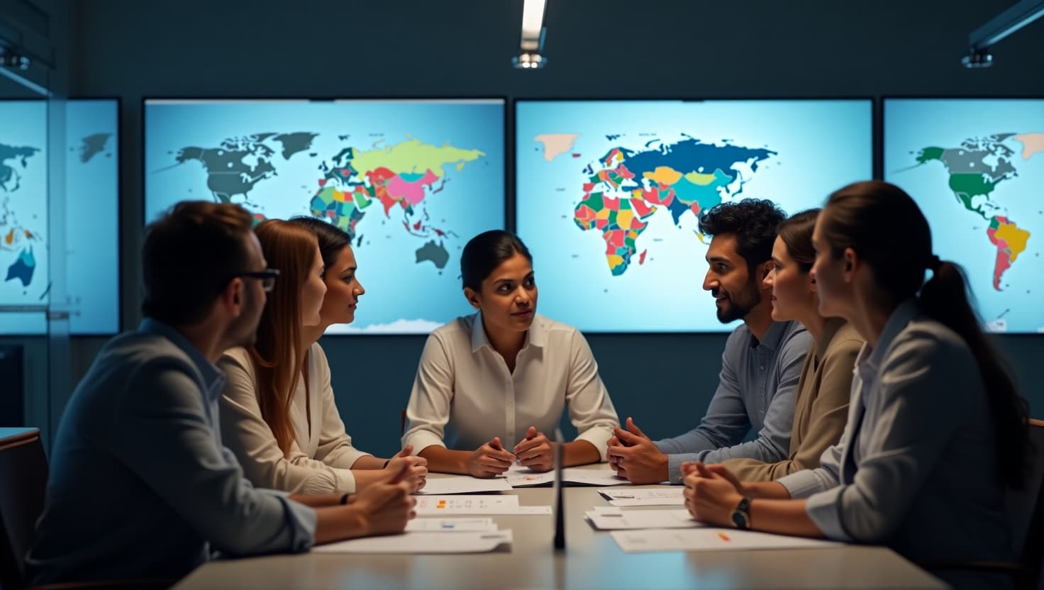 Marketing team reviewing multilingual campaign materials